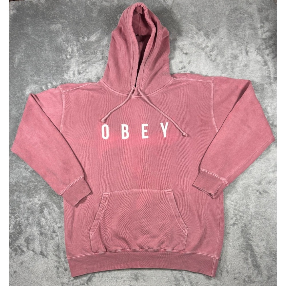 OBEY Spellout Logo Heavyweight Pullover Hoodie Pink Rose Men Size L 103970